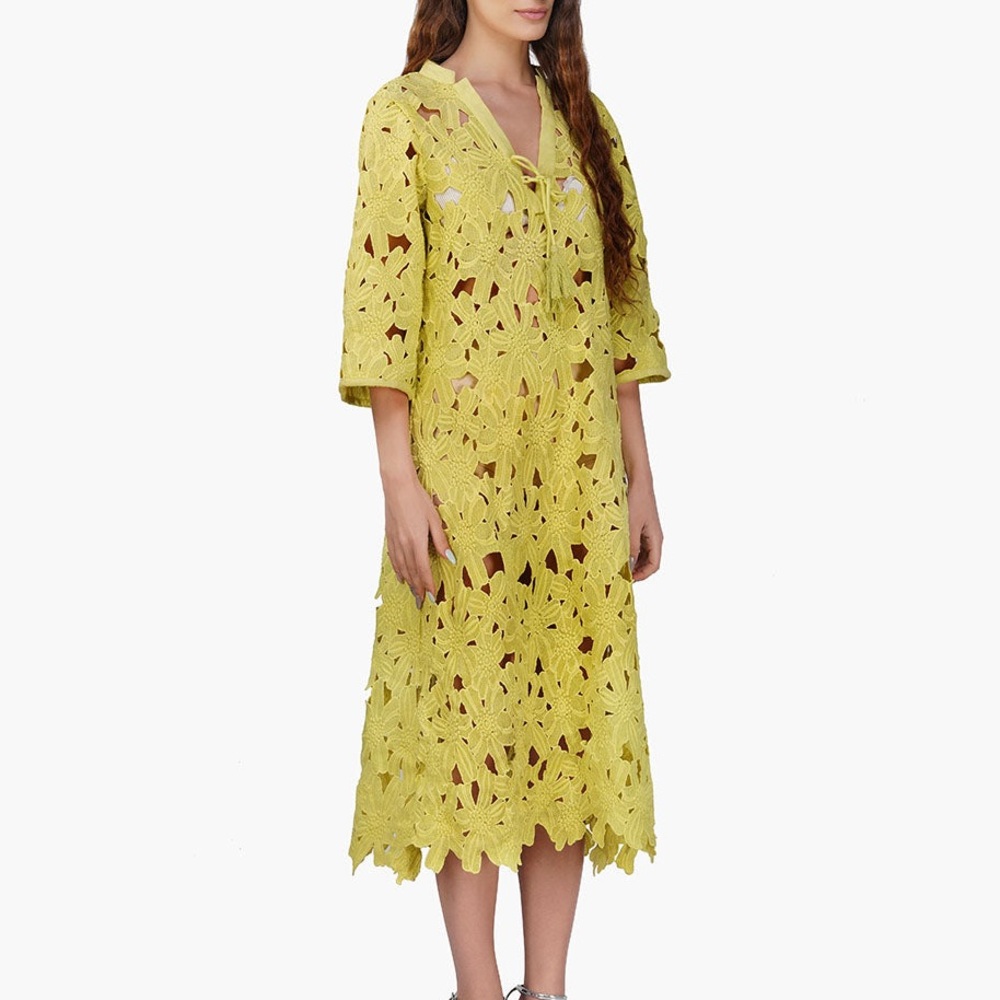 Fall For Neon Floral‎ Lace Midi Cover Up Dress Tassel Cut Out - Small